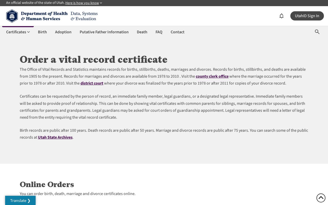 American Fork public records access through Utah vital record ordering